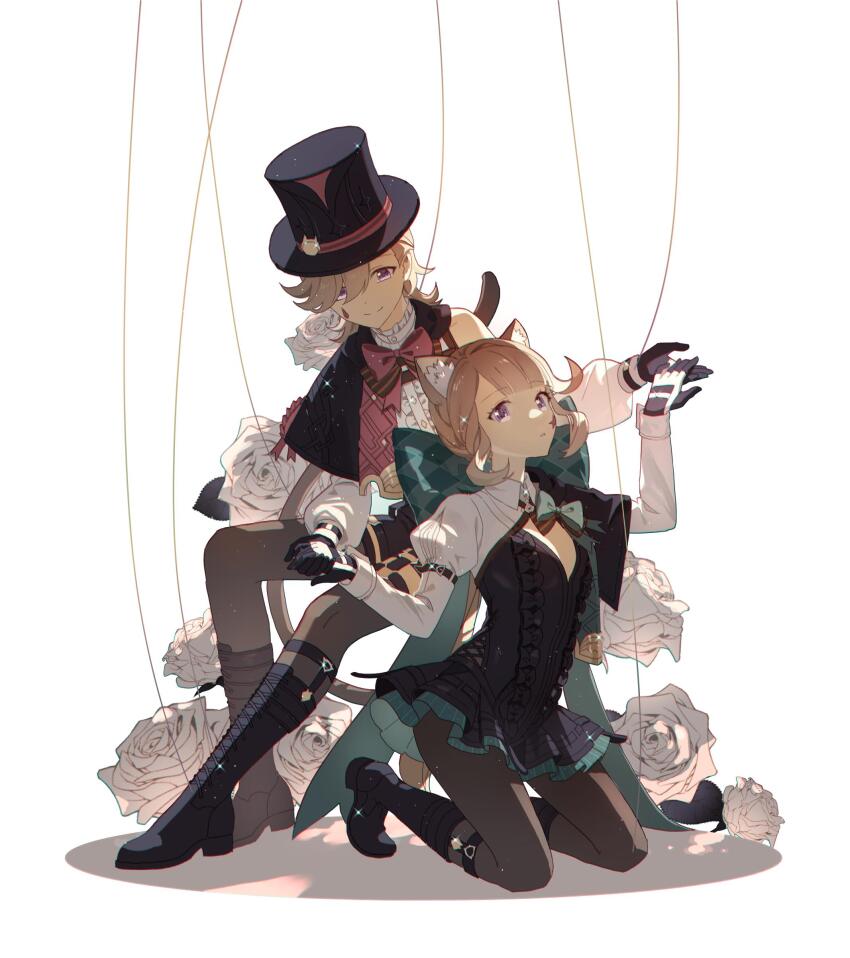 1boy, 1girl, absurdres, animal_ear_fluff, animal_ears, aqua_bow, black_corset, black_footwear