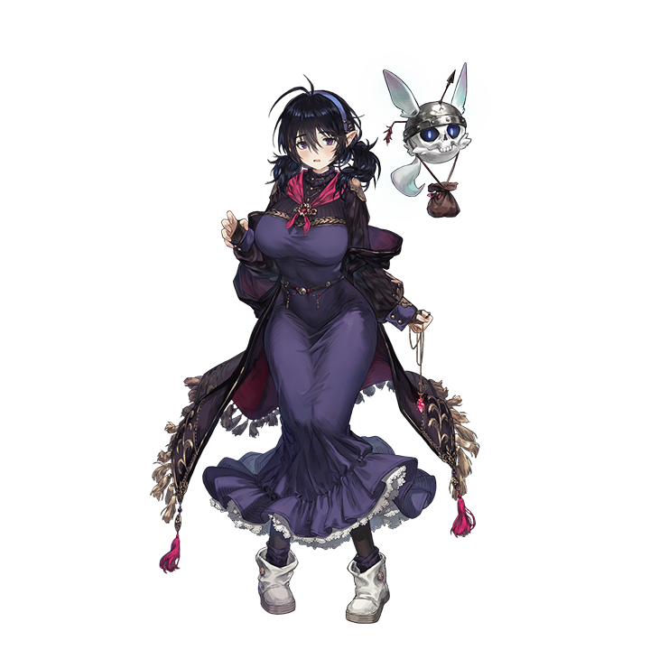 1girl, 1other, arrow_(projectile), arrow_in_body, arrow_in_head, black_cape, black_hair, black_socks, breasts, brown_dust_(series), brown_dust_2, cape, claw_pose, crack, dress, elf, eyebrows_hidden_by_hair, familiar, floating_head, frilled_dress, frills, full_body, hair_between_eyes, hairband, helmet, holding, holding_jewelry, holding_necklace, isaac_(brown_dust), jewelry, knees_together_feet_apart, large_breasts, loen_(brown_dust), loen_(last_hope)_(brown_dust), long_dress, long_hair, looking_at_viewer, necklace, object_through_head, official_art, pointy_ears, purple_dress, purple_hairband, second-party_source, skin_tight, socks, tachi-e, white_footwear