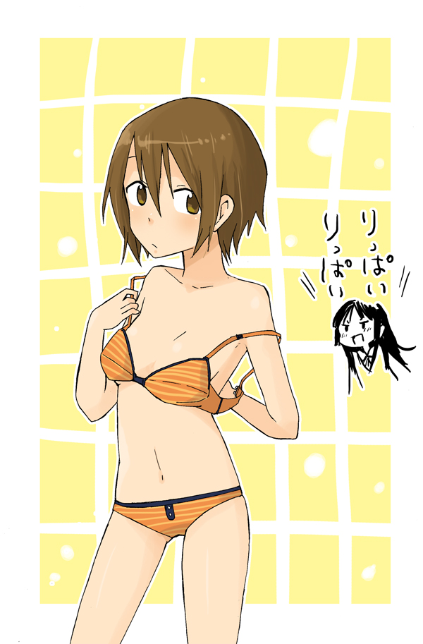2girls, adjusting_bra, adjusting_clothes, akiyama_mio, alternate_hairstyle, bad_id, bad_pixiv_id, bra