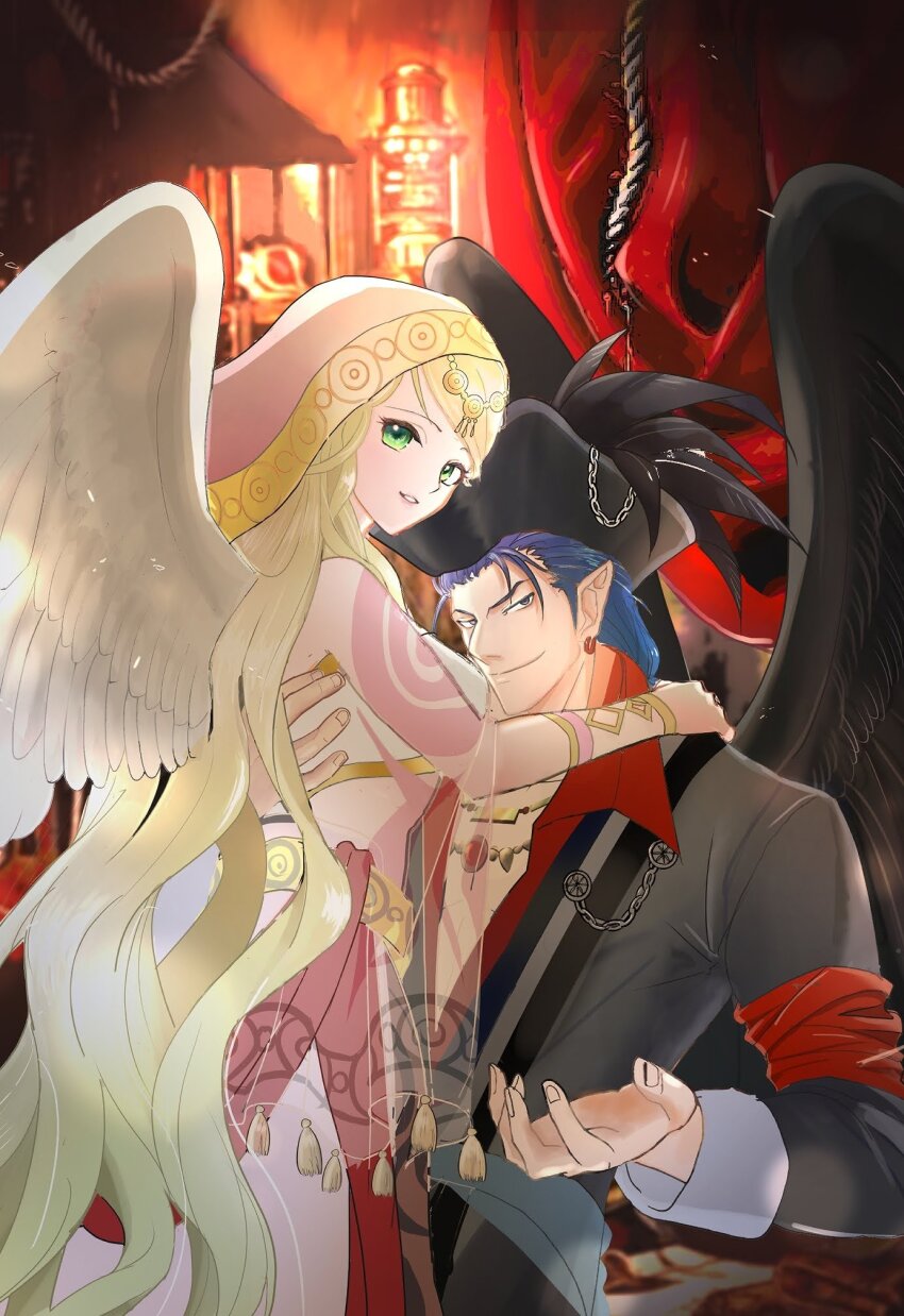 1boy, 1girl, alternate_costume, black_wings, blonde_hair, blurry, blurry_background, closed_mouth, commentary_request, earrings, fire_emblem, fire_emblem:_radiant_dawn, green_eyes, grey_eyes, hat, highres, indoors, jewelry, leanne_(fire_emblem), leanne_(hatari)_(fire_emblem), long_hair, naesala1063, naesala_(fire_emblem), naesala_(pirate)_(fire_emblem), nintendo, pirate_hat, pointy_ears, smile, white_wings, wings