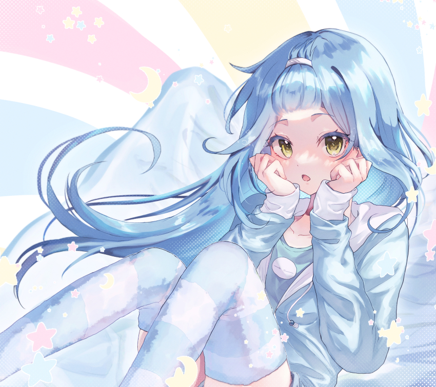 1other, blue_hair, blue_hoodie, chocoeiru, hands_on_own_face, highres, highs, hood, hoodie, humanization, long_hair, looking_at_viewer, rimuru_tempest, striped_clothes, striped_thighhighs, thighhighs, thighs, yellow_eyes