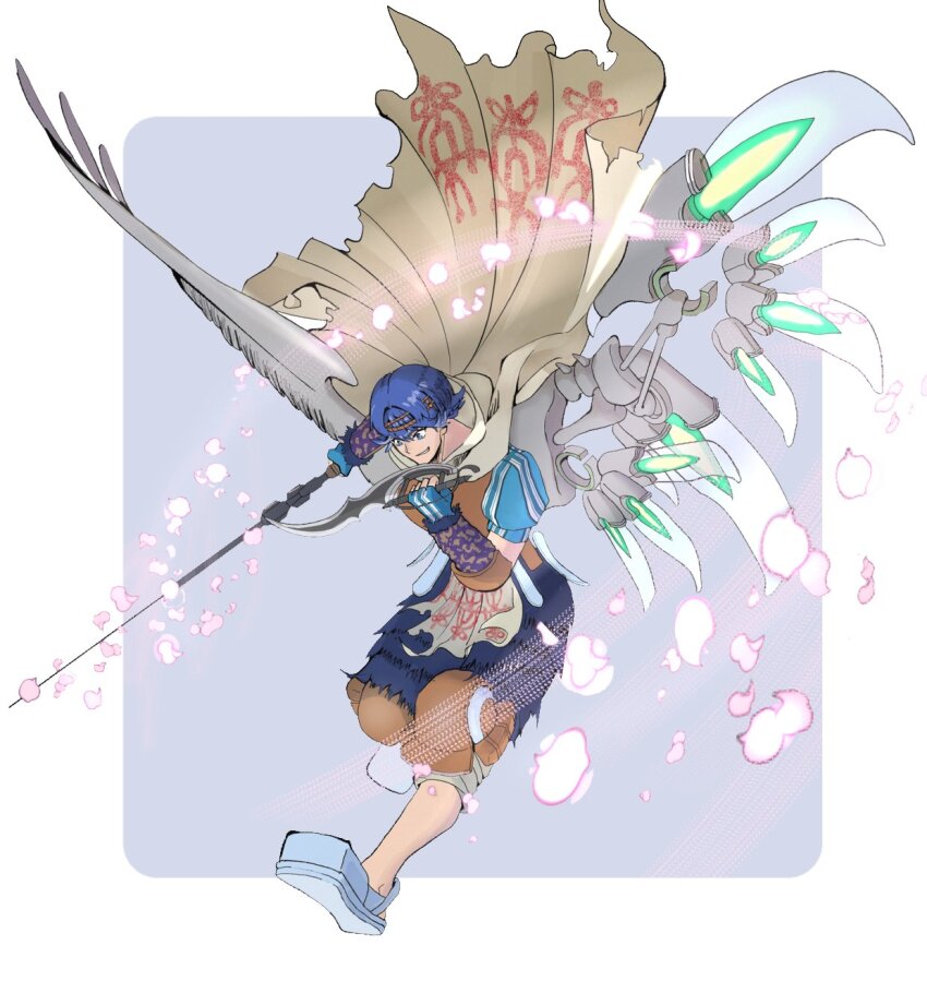 1boy, asymmetrical_dual_wielding, baten_kaitos, blue_footwear, blue_hair, border, cape, circlet, commentary_request, dagger, dual_wielding, falling_petals, full_body, grey_background, grey_wings, highres, holding, holding_dagger, holding_knife, holding_sword, holding_weapon, kalas_(baten_kaitos), knife, male_focus, multiple_weapons, naesala1063, outside_border, petals, print_cape, short_hair, simple_background, smile, solo, sword, teeth, weapon, white_border, white_cape, wings