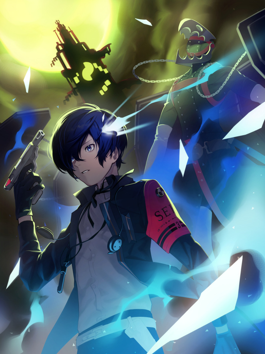 1boy, absurdres, black_gloves, blue_eyes, blue_hair, chain, commentary, dark_blue_hair