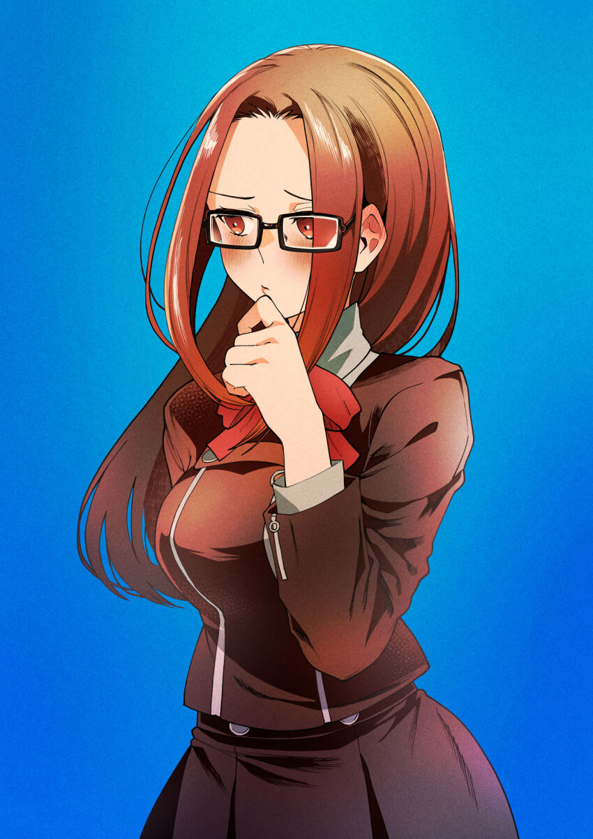 1girl, black-framed_eyewear, blue_background, blush, breasts, brown_hair, closed_mouth, commentary