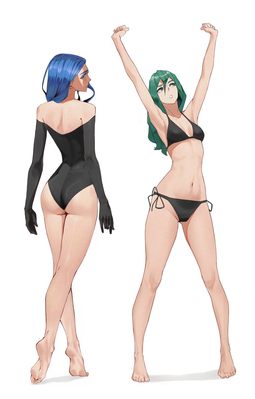 2girls, absurdres, armpits, arms_up, ass, bare_legs, bare_shoulders, barefoot