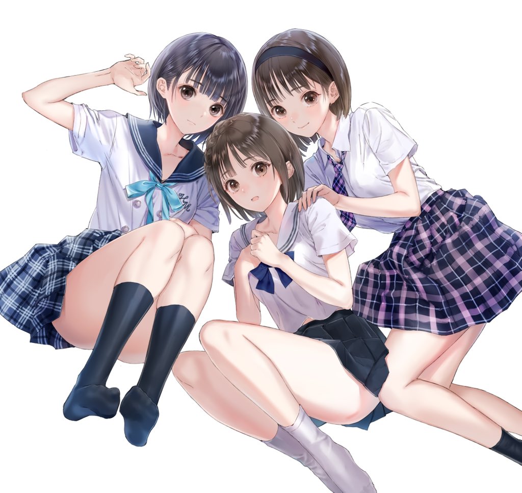 3girls, black_hair, blue_bow, blue_bowtie, blue_necktie, blue_reflection_(series), blue_reflection_ray, blue_reflection_tie