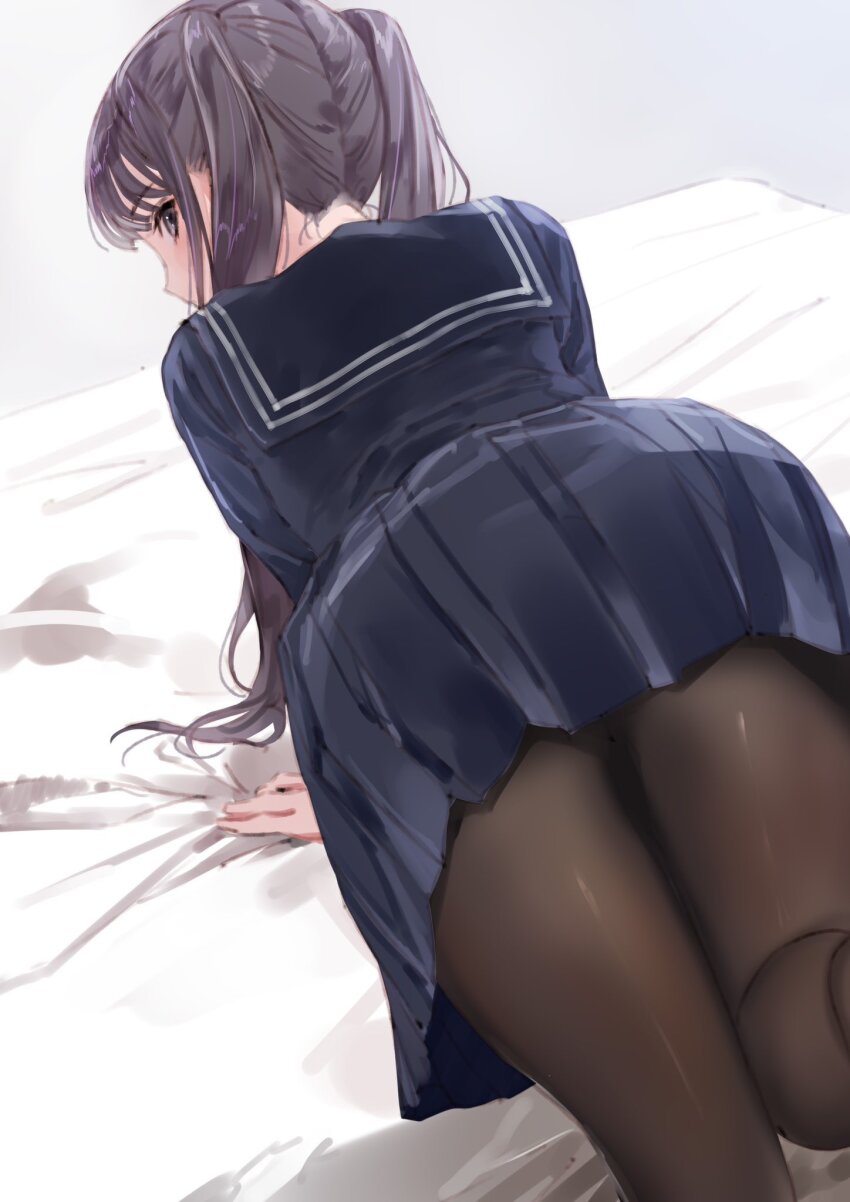 1girl, azumi_nanaka, black_pantyhose, blue_reflection_(series), blue_reflection_sun, blue_serafuku, from_behind, grey_eyes