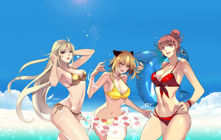3girls, ahoge, animal_ears, arm_up, arms_up, beach, bikini, blonde_hair, blue_sky, blush, cat_ears, choi_dal_dal, closed_mouth, girls_of_the_wild's, hand_up, hands_up, highres, lee_moon_young, long_hair, multiple_girls, pink_eyes, queen_(gotw), red_bikini, serious, sky, smile, swimsuit, very_long_hair, water, yellow_bikini