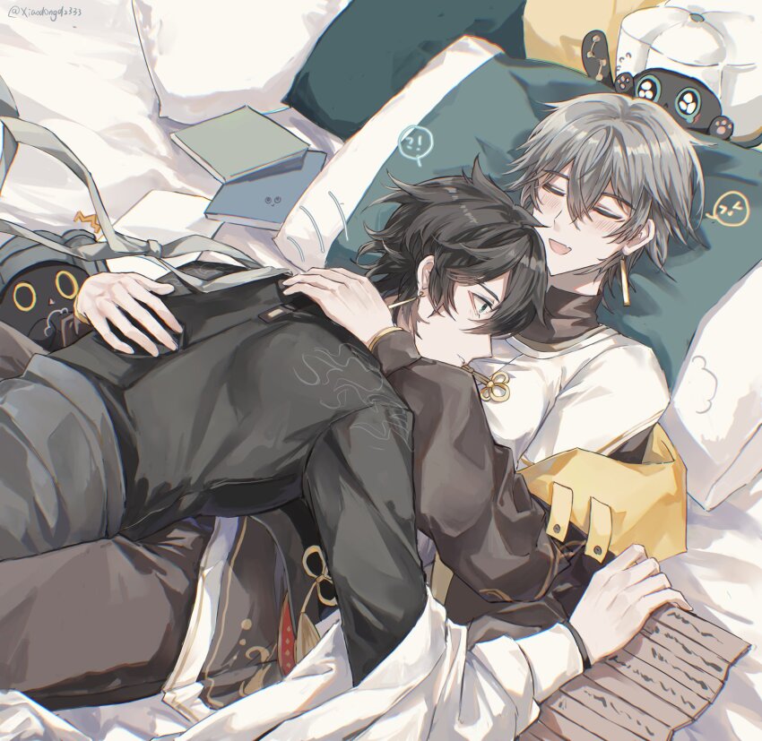 !?, 2boys, animal, animalization, black_cat, black_hair, black_shirt, boy_on_top