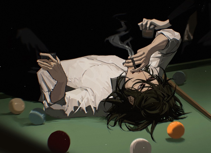 1boy, ball, billiard_ball, black_eyes, black_pants, brown_hair, cigar, cue_stick, film_grain, highres, holding, holding_cigar, isoi_reiji, lying, male_focus, medium_hair, on_side, pants, pool_table, qiqiqiqi498, saibou_shinkyoku, shirt, three-quarter_sleeves, smoke, smoking, solo, solo_focus, table, white_shirt
