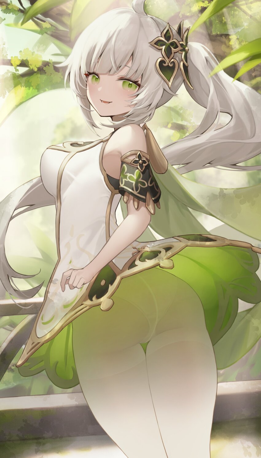 1girl, absurdres, artist_request, ass, bare_shoulders, breasts, cosplay, genshin_impact, green_eyes, highres, indie_virtual_youtuber, kotoha_rimu, large_breasts, light_blush, looking_back, nahida_(genshin_impact), open_mouth, panties, panties_under_pantyhose, pantyhose, plant, side_ponytail, smile, thighhighs, underwear, virtual_youtuber, white_hair, white_thighhighs