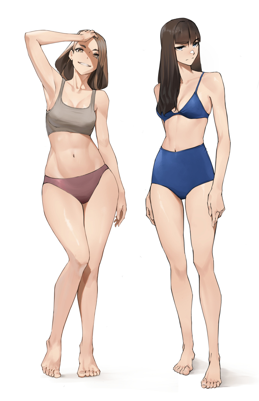 2girls, absurdres, arms_at_sides, barefoot, blue_bra, blue_eyes, blue_panties, bra