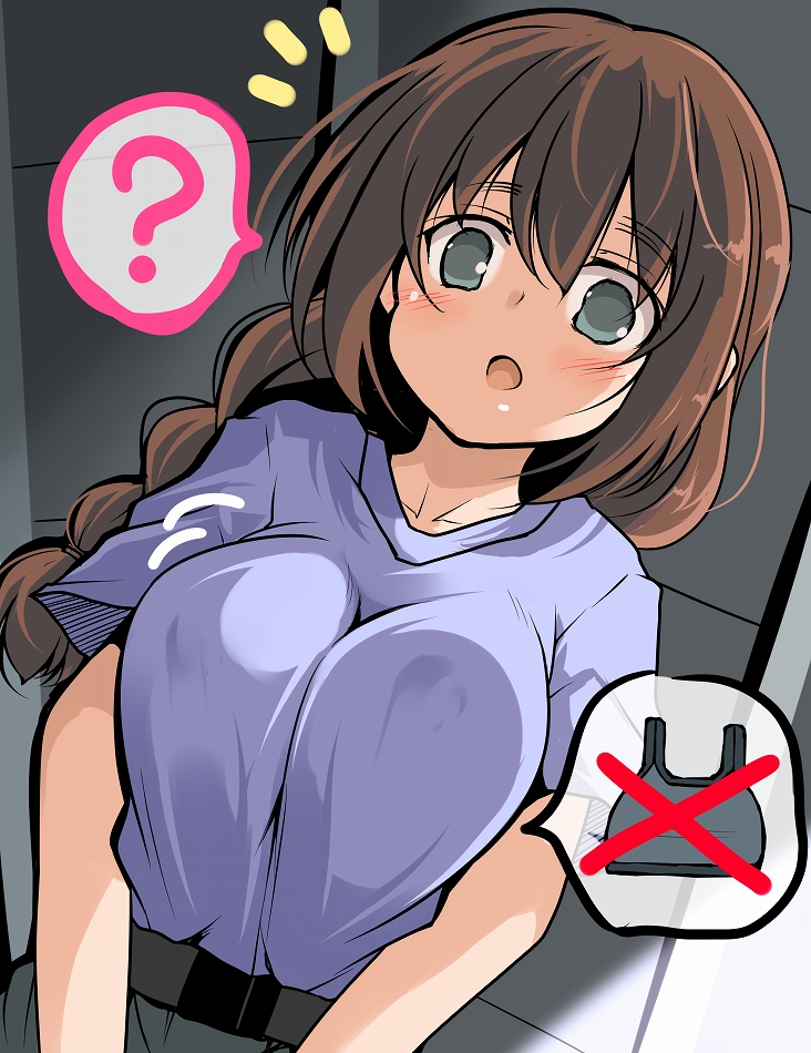 1girl, ?, yuuki_bakuhatsu_bang_bravern, braid, breasts, brown_hair, commentary_request, green_eyes