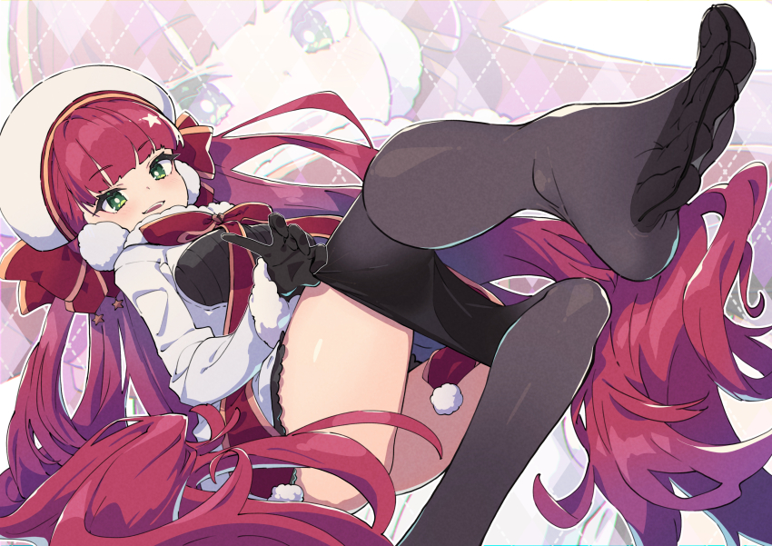 1girl, black_pantyhose, earmuffs, feet, foot_focus, gloves, green_eyes, hat, highres, langue_de_104, long_hair, pantyhose, red_hair, smile, solo, thighs, undressing, ushiki_yoshitaka, very_long_hair, virtual_youtuber