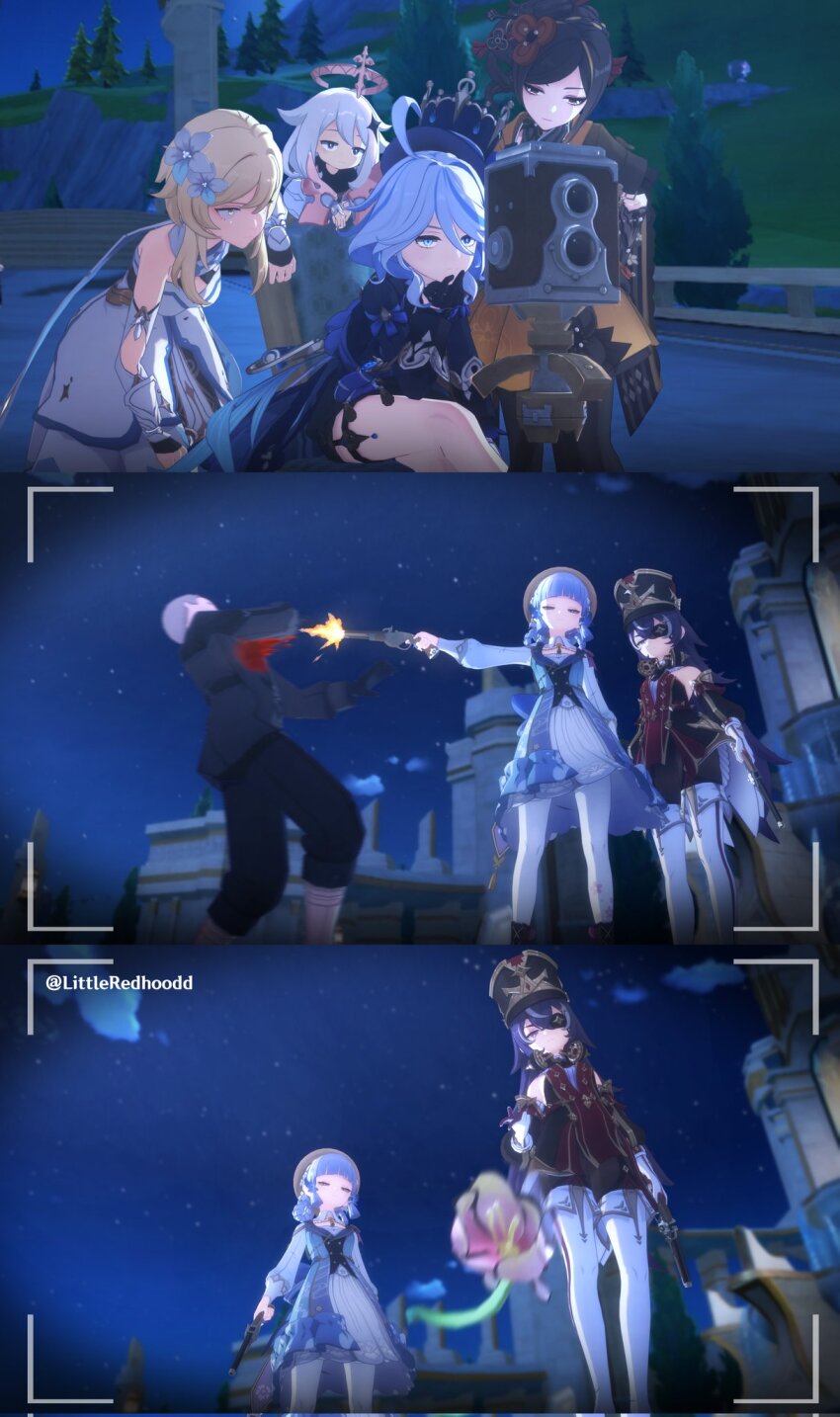 6+girls, alternate_costume, alternate_hairstyle, ayaka_(genshin_impact), bare_shoulders, black_dress, blonde_hair, blood