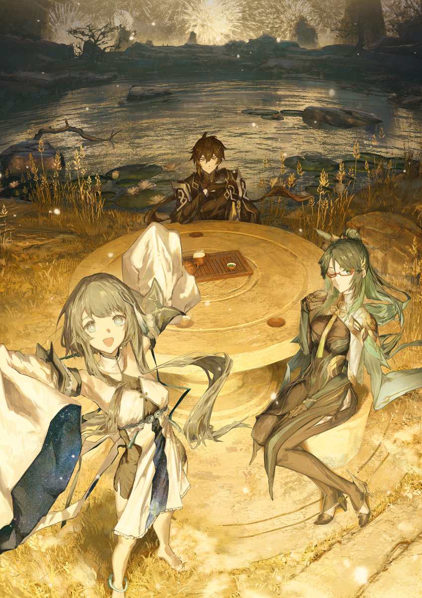 1boy, 2girls, absurdres, aqua_eyes, aqua_hair, armor, bare_shoulders, black_gloves, black_hair, blue_eyes, bodystocking, breasts, brown_hair, chair, chinese_clothes, chinese_hairpin, cloud_retainer_(genshin_impact), cosplay, cup, detached_sleeves, dress, fireworks, genshin_impact, glasses, gloves, grass, grey_hair, guizhong_(genshin_impact), guizhong_(genshin_impact)_(cosplay), hair_between_eyes, hair_ornament, halter_leotard, halterneck, hands_up, hanfu, highres, holding, holding_cup, large_breasts, leotard, lily_pad, long_hair, long_sleeves, looking_at_viewer, multicolored_hair, multiple_girls, night, official_alternate_costume, one_eye_closed, open_mouth, outdoors, pond, red-framed_eyewear, semi-rimless_eyewear, shoulder_armor, sleeves_past_fingers, sleeves_past_wrists, small_breasts, smile, table, tassel, tassel_hair_ornament, two-tone_hair, very_long_hair, white_dress, wide_sleeves, xianyun_(genshin_impact), yellow_eyes, zhongli_(genshin_impact), zhongli_(lantern_rite)_(genshin_impact), zonglun5213746309