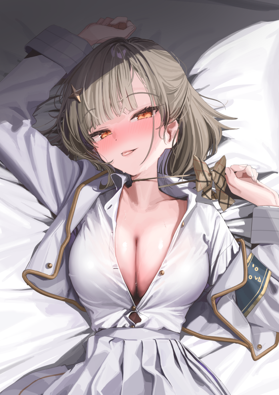 1girl, :p, arm_above_head, arm_up, armband, bed_sheet, blue_armband, blush, bow, bowtie, bowtie_pull, breasts, brown_bow, brown_bowtie, brown_hair, cleavage, commentary_request, cropped_jacket, curled_fingers, dress_shirt, eyelashes, gold_trim, half_updo, hand_up, highres, jacket, kanzarin, large_breasts, long_sleeves, looking_at_viewer, loose_bowtie, lying, medium_hair, noripro, nose_blush, open_clothes, open_jacket, orange_hair, partially_unbuttoned, plaid_bow, plaid_bowtie, plaid_clothes, pleated_skirt, shadow, shirt, single_off_shoulder, skirt, solo, sweat, swept_bangs, tongue, tongue_out, tsukudani_norio_(vtuber), virtual_youtuber, white_jacket, white_shirt, white_skirt