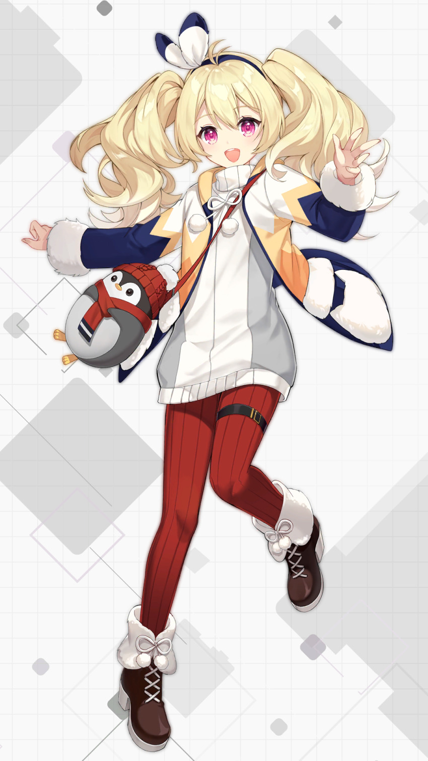 1girl, :d, animal_bag, ankle_boots, antenna_hair, bag, blonde_hair, blue_hairband
