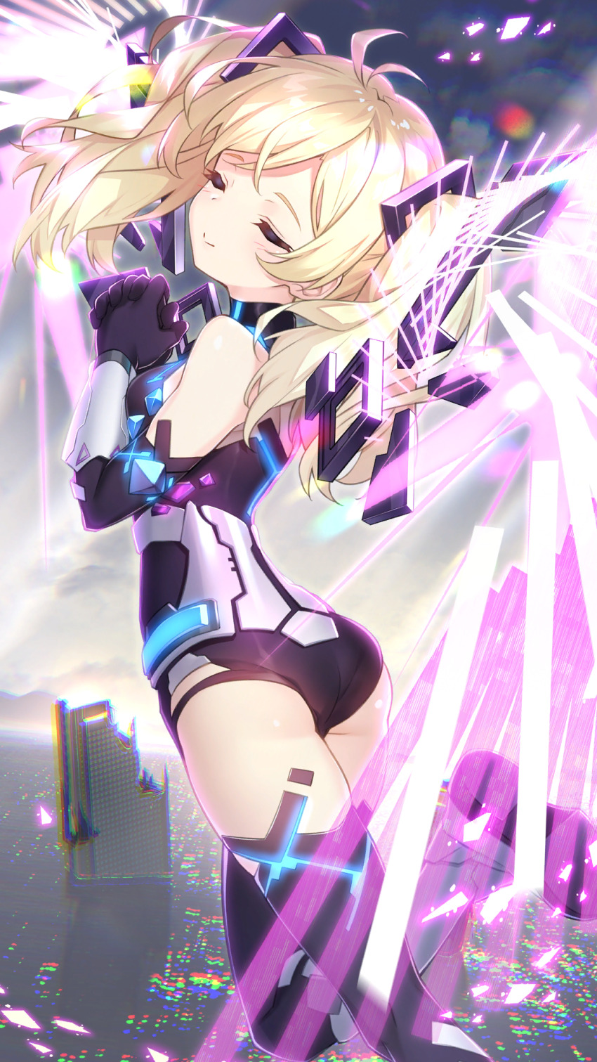 1girl, antenna_hair, ass, bare_shoulders, black_gloves, black_leotard, black_thighhighs, blonde_hair, boots, chromatic_aberration, closed_mouth, elbow_gloves, foot_out_of_frame, from_side, girl_cafe_gun, gloves, grey_background, grey_boots, headgear, highres, interlocked_fingers, kaanal_scott, knee_boots, leg_up, leotard, light_rays, long_hair, neon_trim, official_art, own_hands_together, ruins, smile, solo, standing, standing_on_one_leg, thighhighs, twintails, water