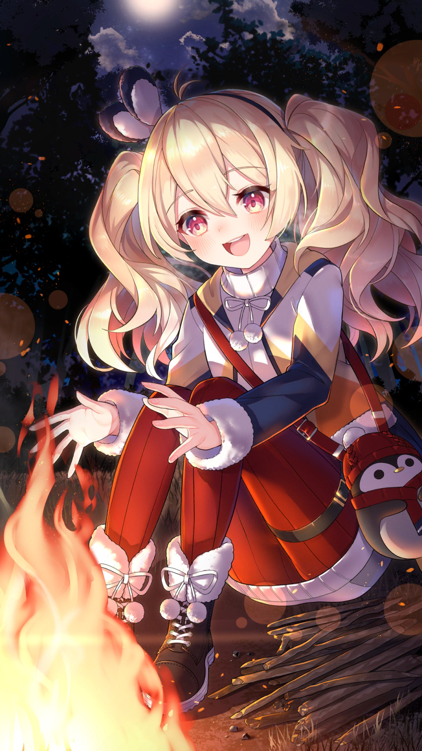 1girl, :d, animal_bag, ankle_boots, antenna_hair, bag, blonde_hair, blue_hairband