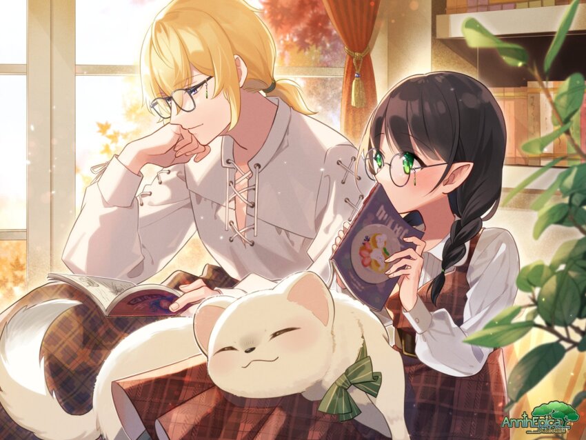 1boy, 1girl, alpaca_connect, animal, animal_on_lap, animal_request, autumn_leaves, belt