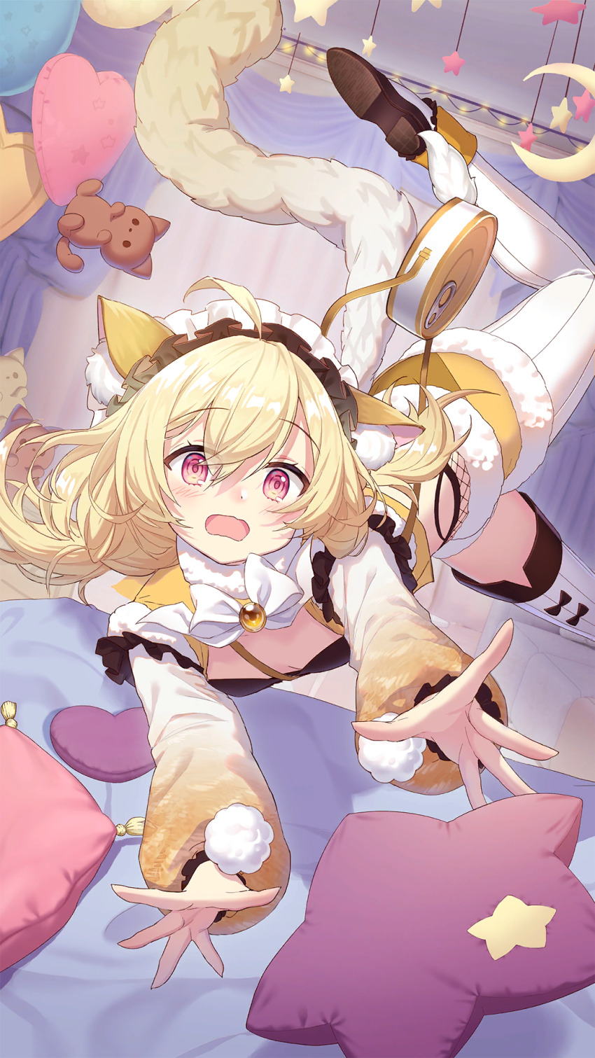 1girl, ahoge, animal_ear_fluff, animal_ears, bed, blonde_hair, blush, bow, bowtie, breasts, brown_footwear, cat_ears, cat_tail, cleavage_cutout, clothing_cutout, crescent, cushion, fallen_down, foot_out_of_frame, frilled_hairband, frills, girl_cafe_gun, hairband, highres, indoors, kaanal_scott, leg_up, long_hair, long_sleeves, low_twintails, official_art, open_hand, open_mouth, outstretched_arms, outstretched_hand, pink_eyes, puffy_long_sleeves, puffy_sleeves, small_breasts, solo, rectangular_mouth, star_ornament, striped_clothes, striped_thighhighs, stuffed_animal, stuffed_cat, stuffed_toy, tail, thighhighs, twintails, vertical-striped_clothes, vertical-striped_thighhighs, white_bow, white_bowtie, white_hairband, white_thighhighs