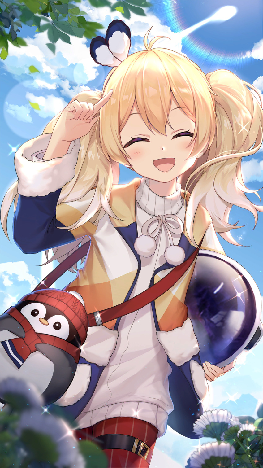 1girl, animal_bag, antenna_hair, bag, blonde_hair, blue_jacket, blue_sky, bow