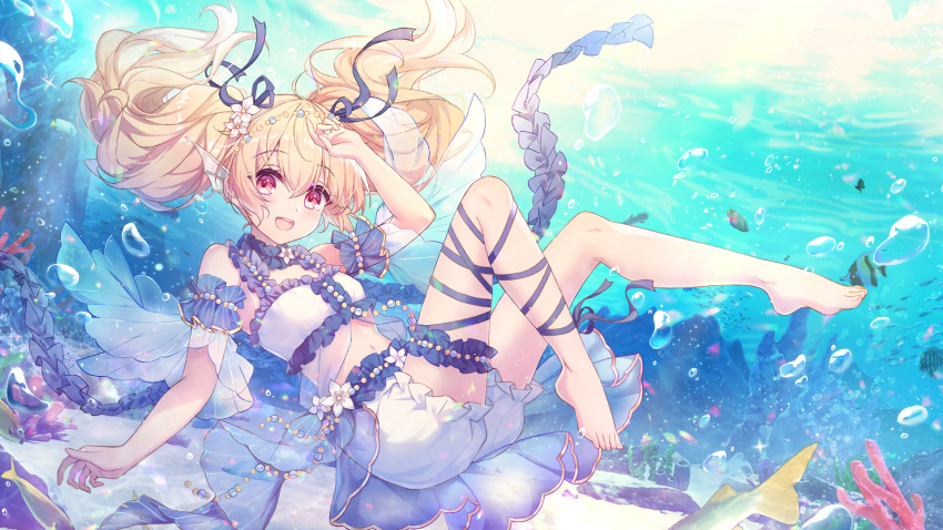 1girl, :d, air_bubble, bare_legs, bare_shoulders, barefoot, blonde_hair, blue_choker