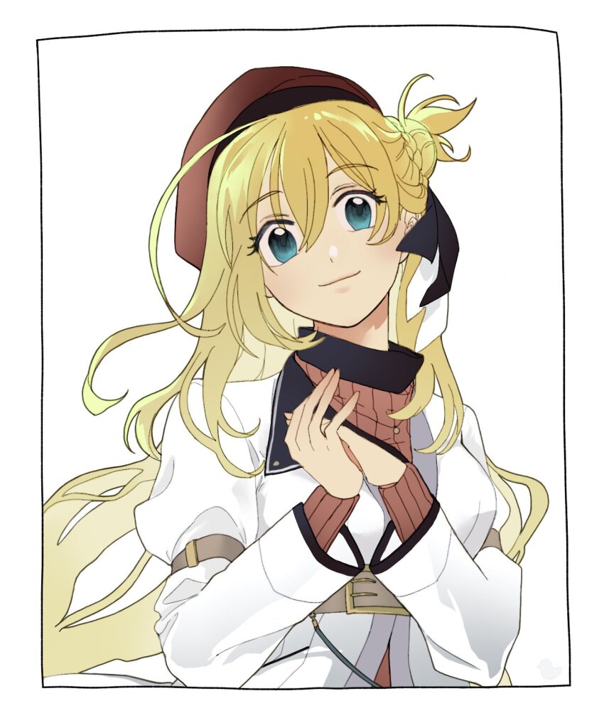 1girl, agnes_claudel, belt, beret, blonde_hair, blue_eyes, border, closed_mouth