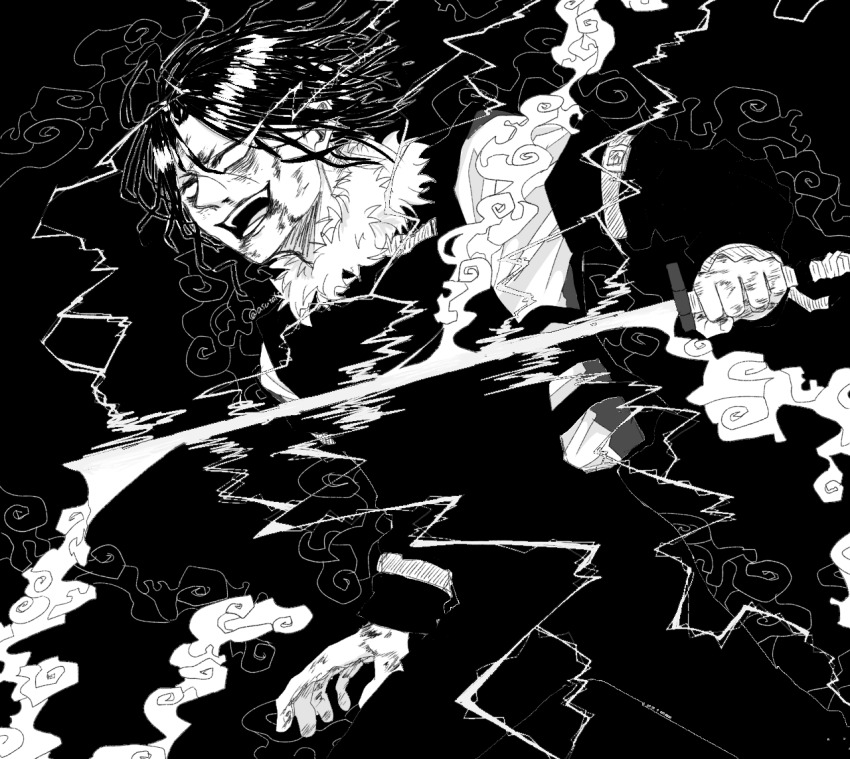 1boy, asutalt, bruise, eye_trail, greyscale, holding, holding_sword, holding_weapon