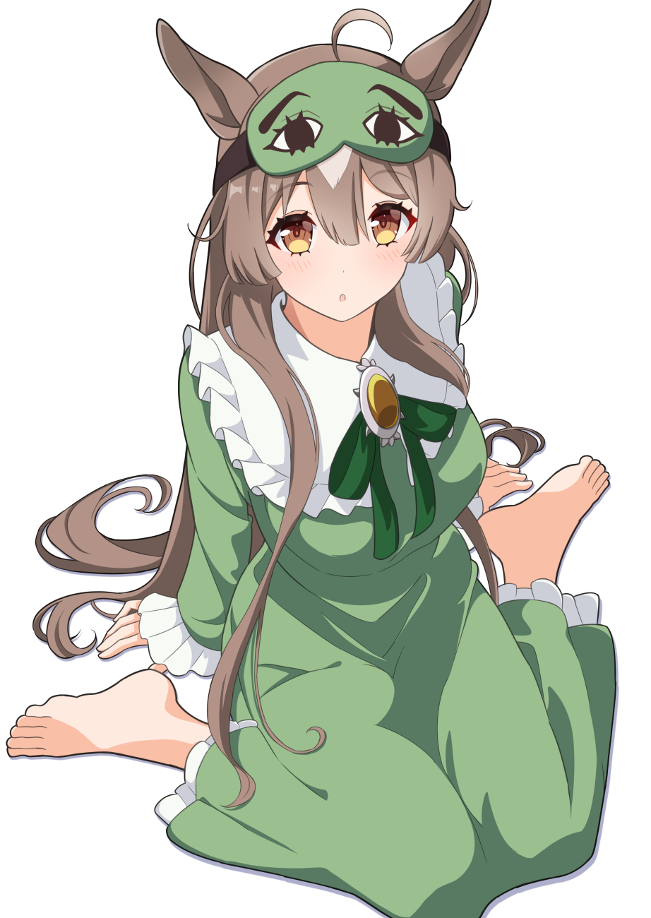 1girl, ahoge, animal_ears, barefoot, blush, brown_eyes, brown_hair, dress