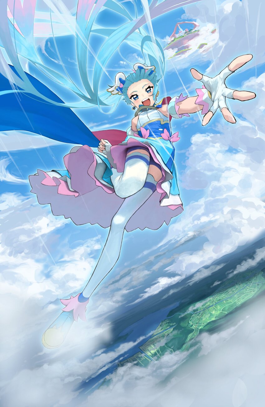 1girl, absurdres, bare_shoulders, blue_eyes, cloud, cure_sky, dress, dutch_angle