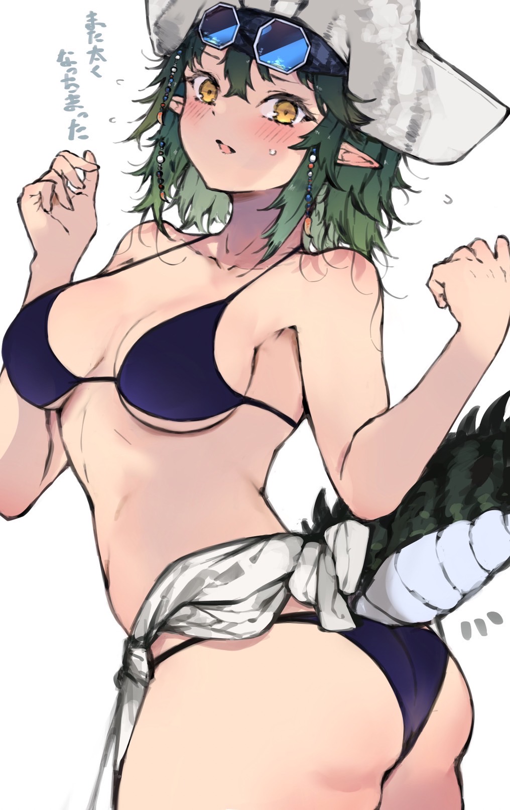 1girl, arknights, ass, bikini, blue_bikini, breasts, clothes_around_waist, crocodilian_tail, gavial_(arknights), gavial_the_invincible_(arknights), gavial_the_invincible_(holiday)_(arknights), green_hair, hat, highres, kyuu_(plastic_night_q), large_breasts, long_hair, octagonal_eyewear, open_mouth, simple_background, solo, sunglasses, swimsuit, tail, translation_request, tricorne, white_background, white_hat, yellow_eyes
