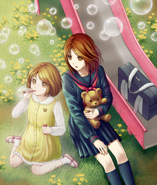 bad_id, bad_pixiv_id, bag, black_socks, blowing, brown_hair, bubble, flower