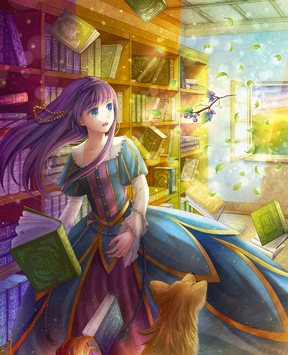 bad_id, bad_pixiv_id, beads, blue_eyes, book, bookshelf, branch, dog, dress, hairband, inomarii, leaf, long_hair, original, purple_hair, window