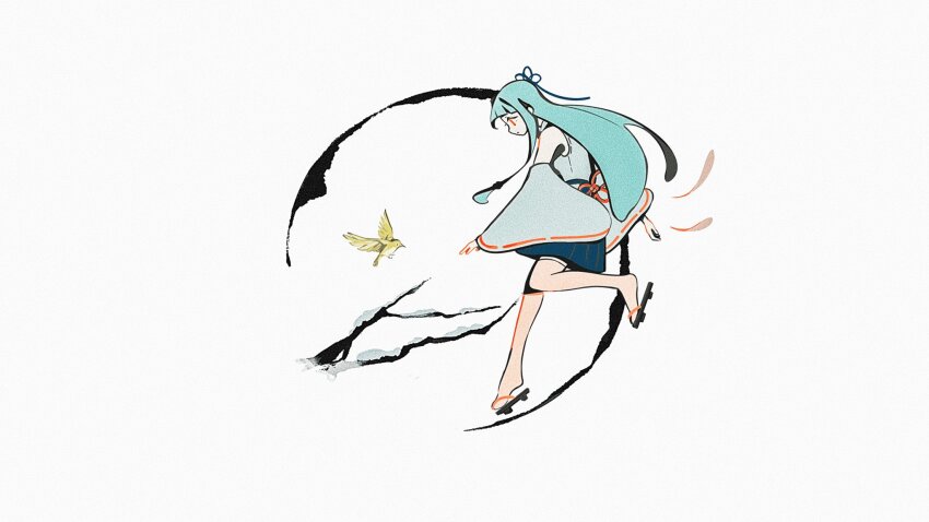 1girl, adapted_costume, bird, blue_hair, blue_ribbon, blue_skirt, blunt_bangs, branch