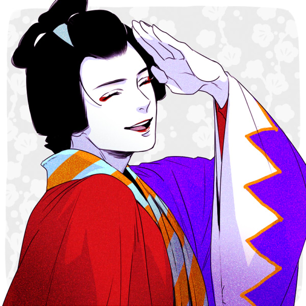 1boy, black_hair, border, colored_skin, eyeliner, facing_viewer, galadecaras, grey_background, happy, japanese_clothes, kabuki, lipstick, makeup, male_focus, minamoto_no_yoshitsune_(real_life), open_mouth, real_life, salute, short_hair, solo, upper_body, white_border, white_skin, wide_sleeves