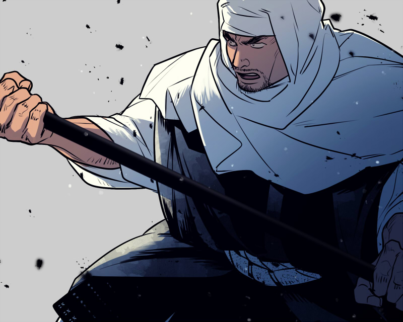 1boy, akatsuki_wo_tsugu, arm_hair, benkei, cheekbones, facial_hair, fighting_stance, fingernails