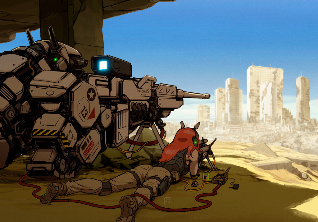1girl, aiming, anti-materiel_rifle, building, cityscape, desert, futuristic_weapon, green_tank_top, gun, juan_richard_feliz, lying, mecha, on_stomach, original, pants, red_hair, rifle, robot, science_fiction, scope, skyscraper, sniper_rifle, tank_top, weapon, yellow_pants
