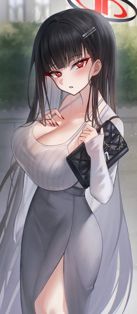 bag, black_bag, black_hair, blue_archive, breasts, dongtan_dress, halo, highres