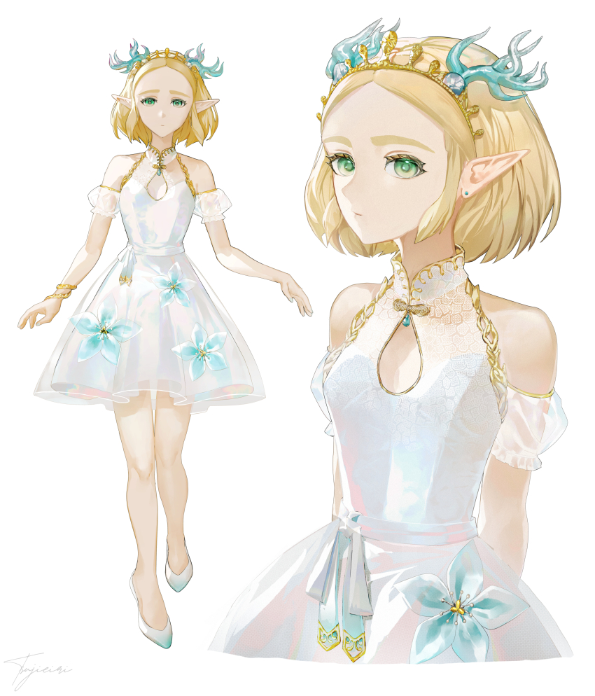 1girl, absurdres, alternate_costume, bare_legs, blonde_hair, bracelet, closed_mouth, clothing_cutout