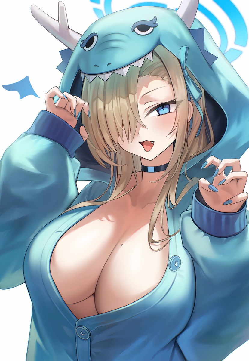 1girl, asuna_(blue_archive), blonde_hair, blue_archive, blue_eyes, blue_nails, breasts, choker