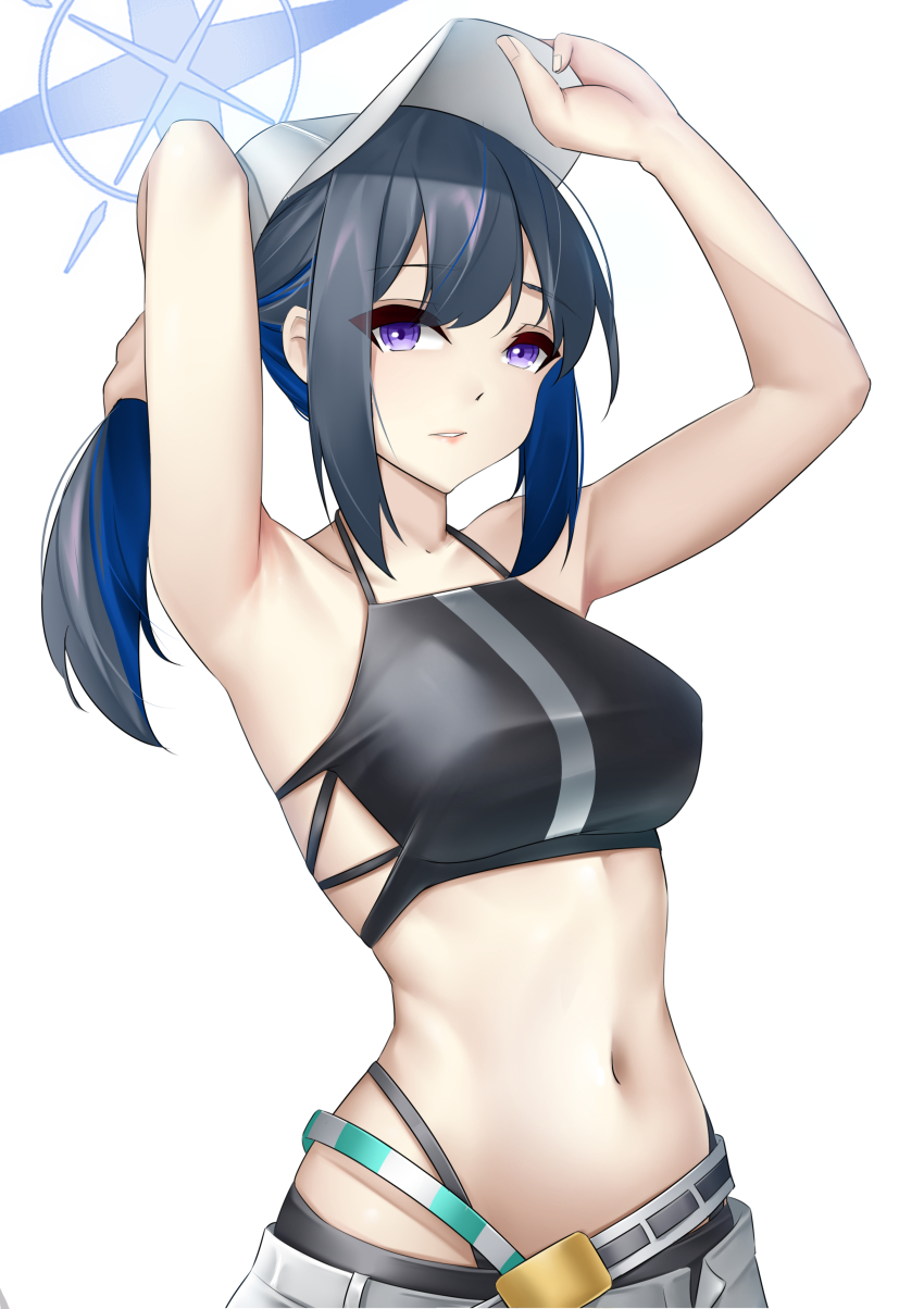 1girl, absurdres, arknights, armpits, arms_up, bare_arms, bare_shoulders, baseball_cap
