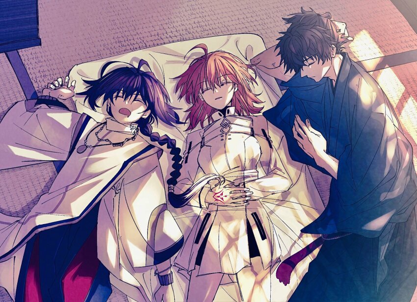 1boy, 1girl, 1other, ahoge, amulet, androgynous, black_hair, black_hakama