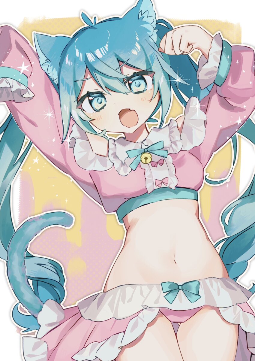 animal_ears, aqua_eyes, aqua_hair, aqua_necktie, cat_ears, cat_girl, cat_tail, clothing_cutout