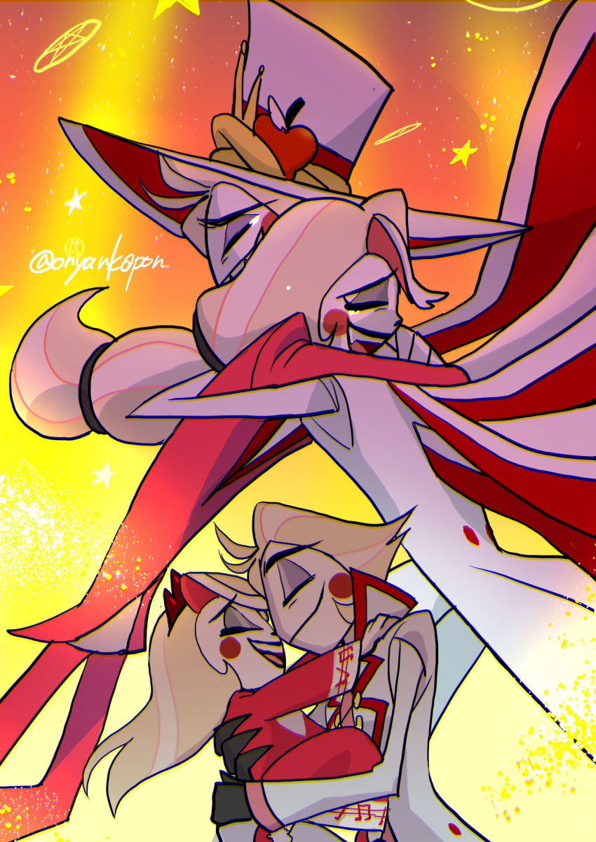 1boy, 1girl, aged_down, apple, black_gloves, blonde_hair, charlie_morningstar, child, chromatic_aberration, circle_facial_mark, closed_eyes, closed_mouth, coat, commentary, commentary_request, crying, dress, english_commentary, facial_mark, facing_another, fangs, father_and_child, father_and_daughter, food, fruit, gloves, hat, hazbin_hotel, hellaverse, highres, hug, jacket, kin_(58n58n58n), long_hair, long_sleeves, lucifer_morningstar_(hazbin_hotel), mixed-language_commentary, multi-tied_hair, multicolored_background, multiple_wings, mutual_hug, noses_touching, open_clothes, open_coat, open_mouth, orange_background, pants, parent_and_child, pentagram, pink_vest, red_dress, red_jacket, red_pants, shirt, short_hair, snake, star_(symbol), tiara, top_hat, vest, white_coat, white_headwear, white_shirt, wings, yellow_background