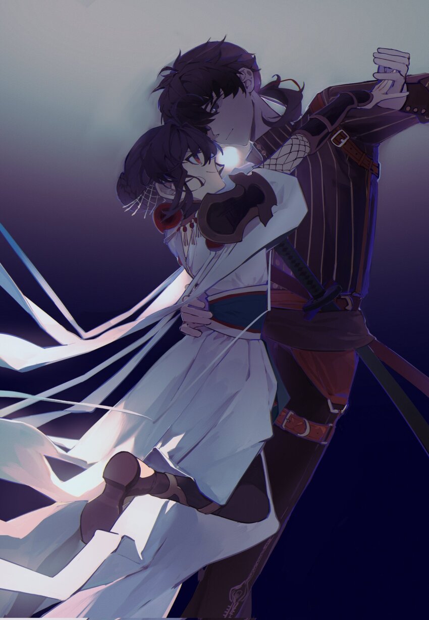 1boy, 1other, arm_guards, belt, belt_buckle, black_hair, braid, braided_bun