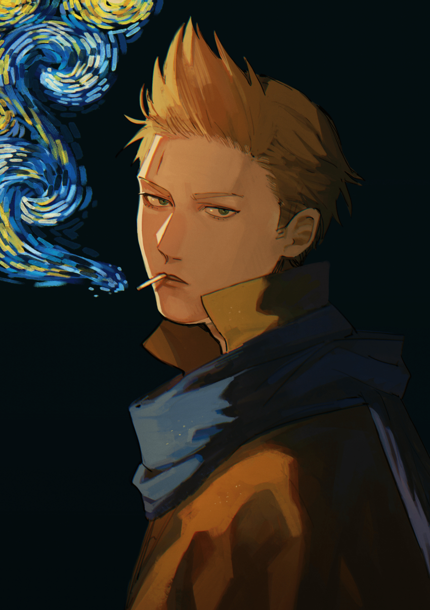 1boy, absurdres, axis_powers_hetalia, black_background, blonde_hair, blue_eyes, blue_scarf, brown_coat