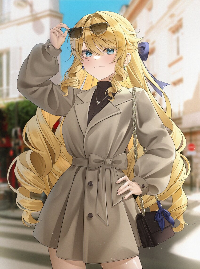 1girl, absurdres, alternate_costume, bag, blonde_hair, blue_eyes, brown_coat, coat