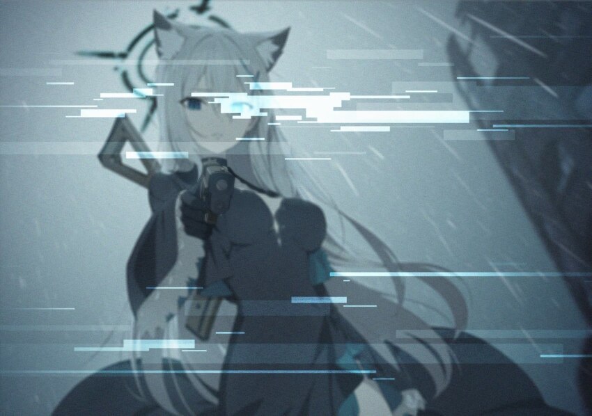 1girl, aiming, aiming_at_viewer, alternate_hair_length, alternate_hairstyle, animal_ear_fluff, animal_ears, assault_rifle, at_gunpoint, black_capelet, black_choker, black_dress, black_gloves, black_halo, blue_archive, blue_eyes, blurry, blurry_background, breasts, broken_halo, capelet, choker, cross, cross_hair_ornament, dark_halo, dark_persona, dress, extra_ears, frilled_sleeves, frills, from_below, game_cg, glitch, gloves, grey_hair, gun, gun_on_back, hair_between_eyes, hair_ornament, halo, handgun, holding, holding_gun, holding_weapon, impossible_clothes, impossible_dress, inverted_cross, long_hair, looking_at_viewer, medium_breasts, non-web_source, official_art, outdoors, overcast, rain, rifle, sad, shiroko_terror_(blue_archive), sig_551, sig_p220/p226, sig_sauer, sky, solo, spoilers, standing, very_long_hair, weapon, weapon_on_back, wide_sleeves, wolf_ears